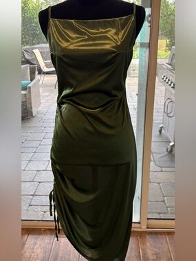 Olive Green Satin Like Ruched Women’s Dress Sz Medium